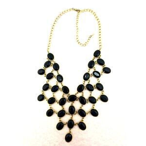 Black Geometric Cascading Bib Necklace Statement Tiered Cabochons Gold Tone 16"